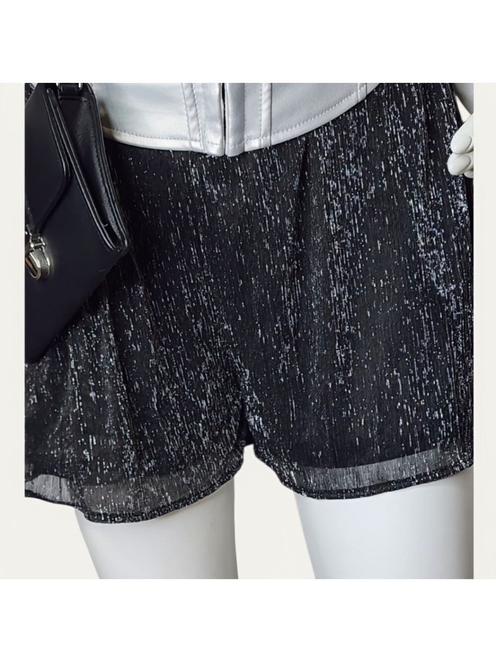 Dex Pull-On Paperbag Waist Flowy Metallic Shorts Black Sparkle Large NWT